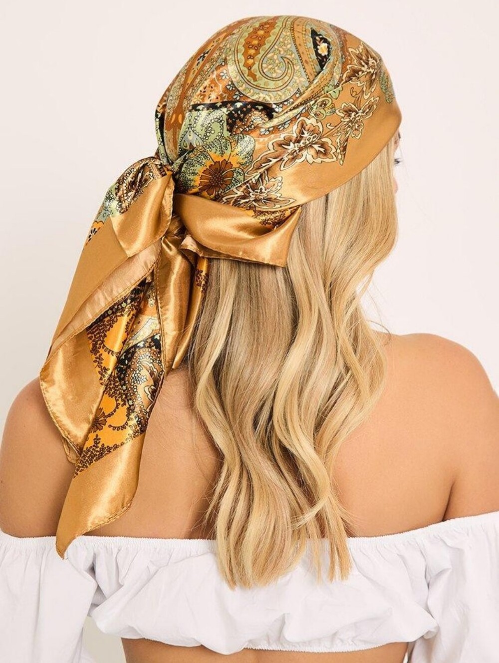 Silk-Look Golden Paisley Headscarf for Women